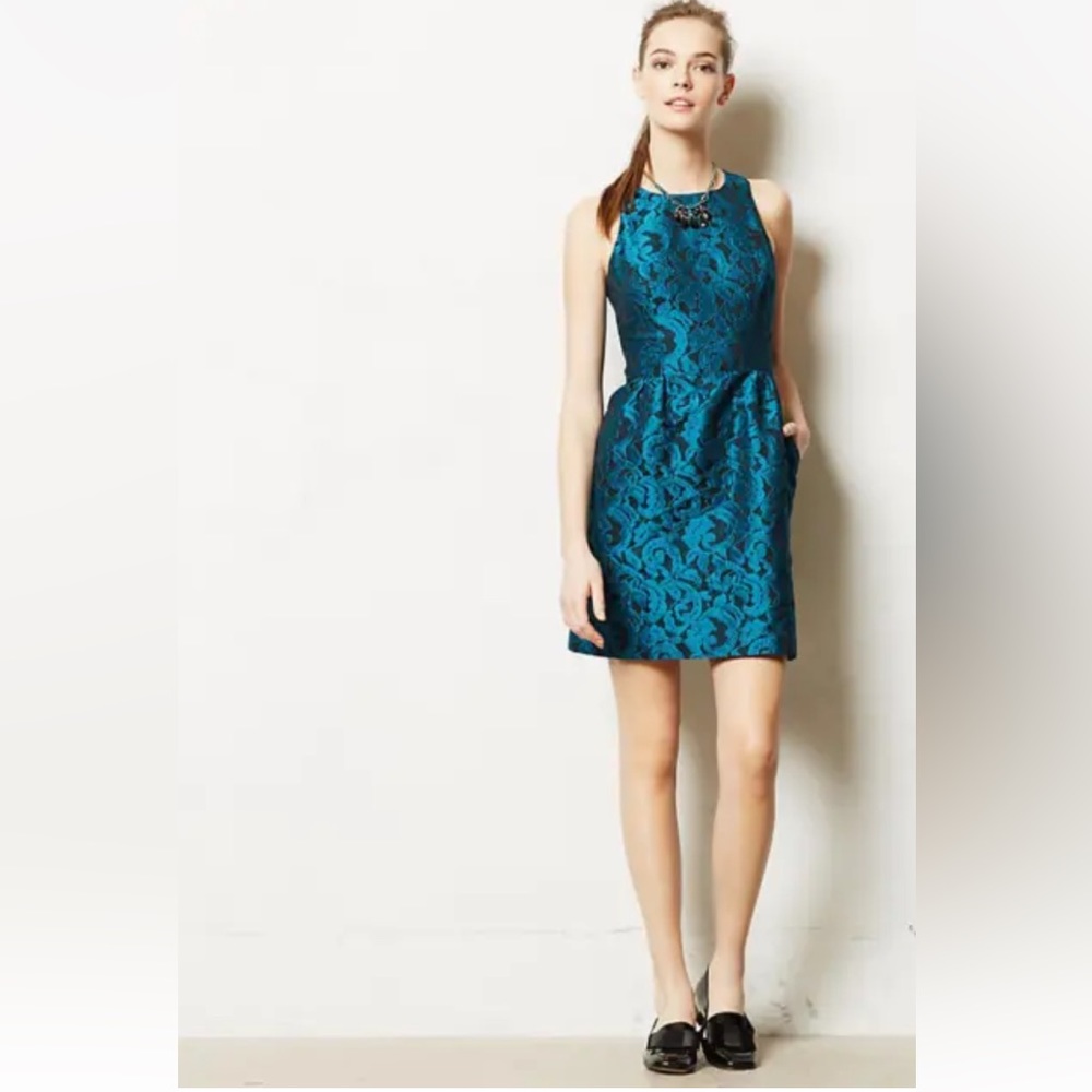 Tabitha Dress Anthropologie Ottava Black Blue Teal Floral Cocktail Party - 12 - Picture 3 of 11
